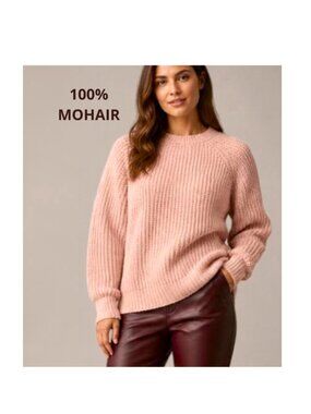 New 100% Mohair Pink Crewneck Ribbed Sweater Large-XL